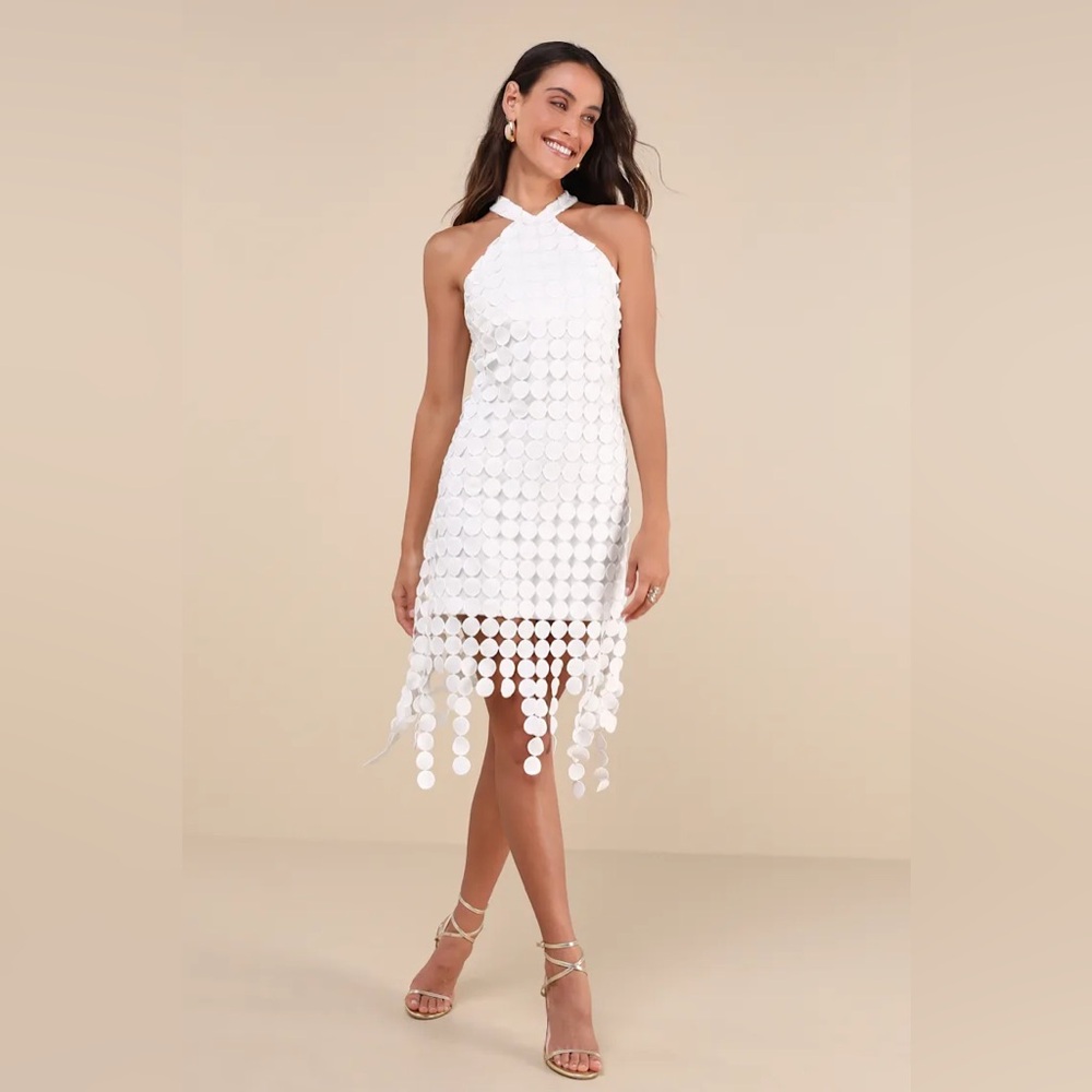 Lulu’s Flirtatious Fun White 3D Dot Halter Fringe Midi Dress